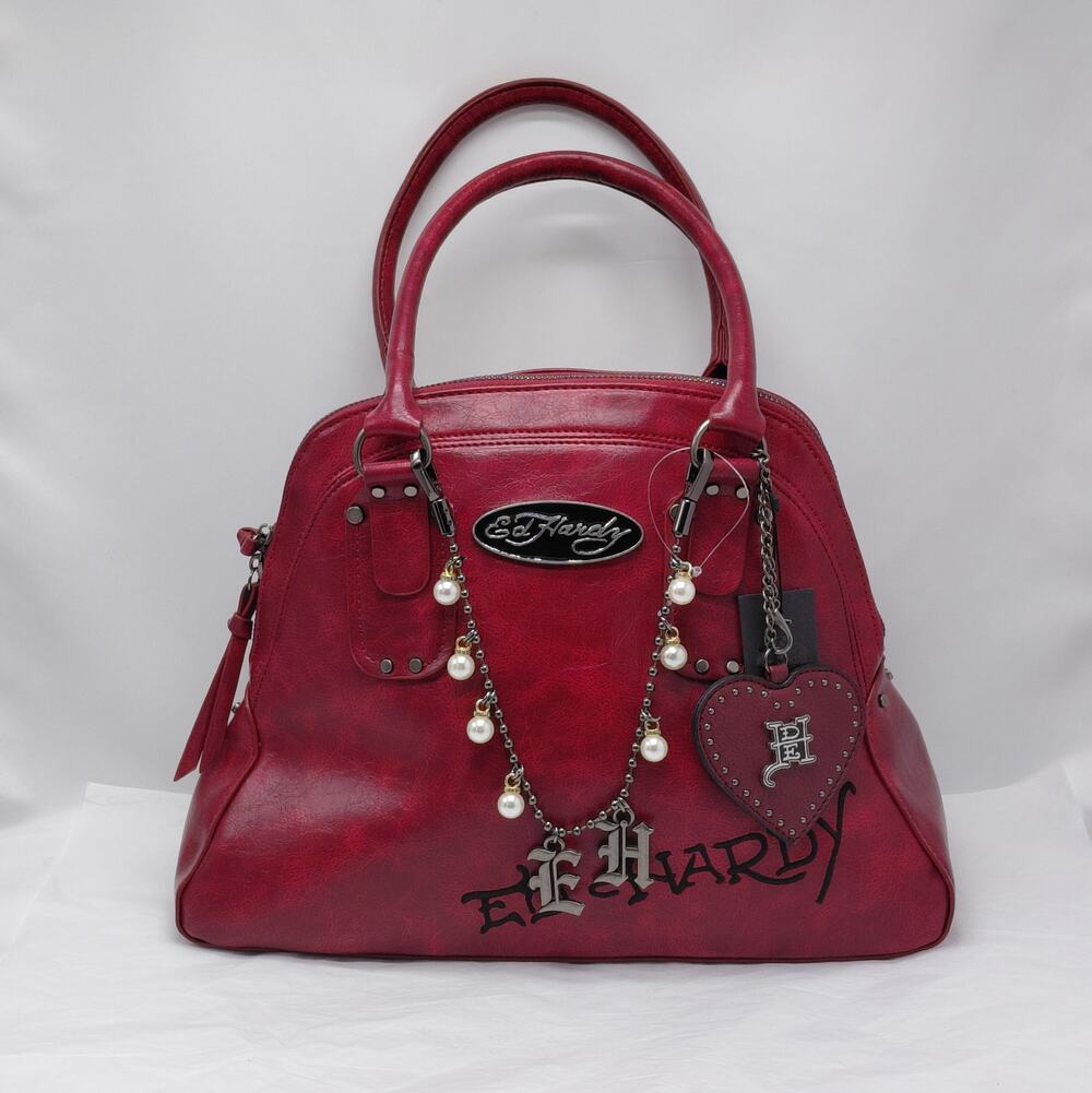 Ed Hardy Satchel Handbag Red Faux Leather Pearl Charm Y2K Revival Purse Street